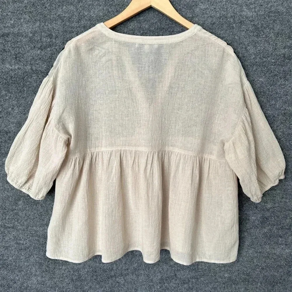 See And Be Seen Top Womens Small Cream Black Gauzy Geometric Peasant Boho Blouse - Picture 5 of 16